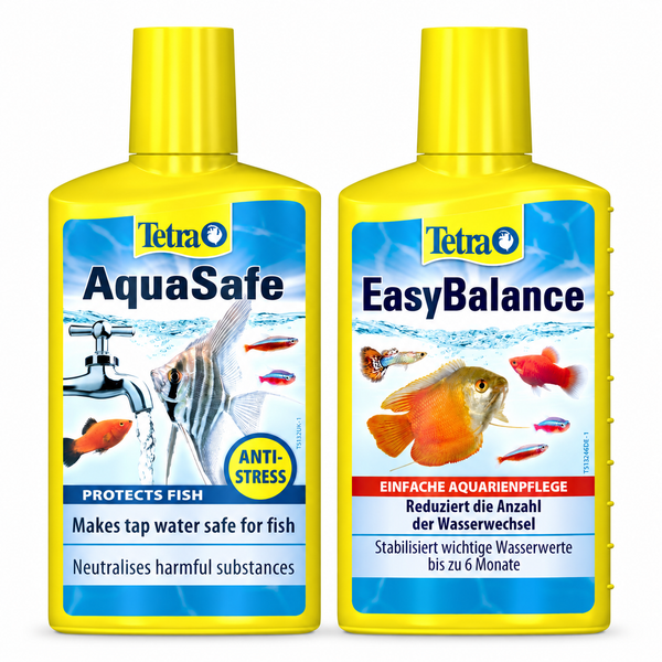 Tetra AquaSafe water conditioner 250 mL (approx. 8.45 fl oz) and Tetra EasyBalance freshwater treatment 250 mL (approx. 8.45 fl oz), one pack each on a white background