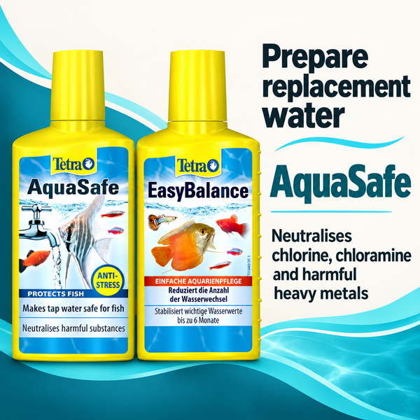 Prepare replacement water. AquaSafe. Neutralises chlorine, chloramine and harmful heavy metals