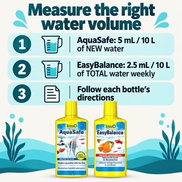 Measure the right water volume. AquaSafe: 5 mL / 10 L of NEW water. EasyBalance: 2.5 mL / 10 L of TOTAL water weekly. Follow each bottle's directions