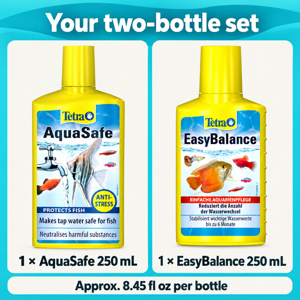 Your two-bottle set. 1 × AquaSafe 250 mL. 1 × EasyBalance 250 mL. Approx. 8.45 fl oz per bottle