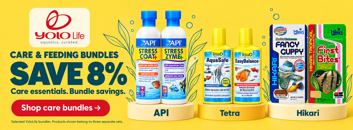 Save 8% on selected YoloLife care and feeding bundles. API, Tetra and Hikari products shown belong to three separate sets.